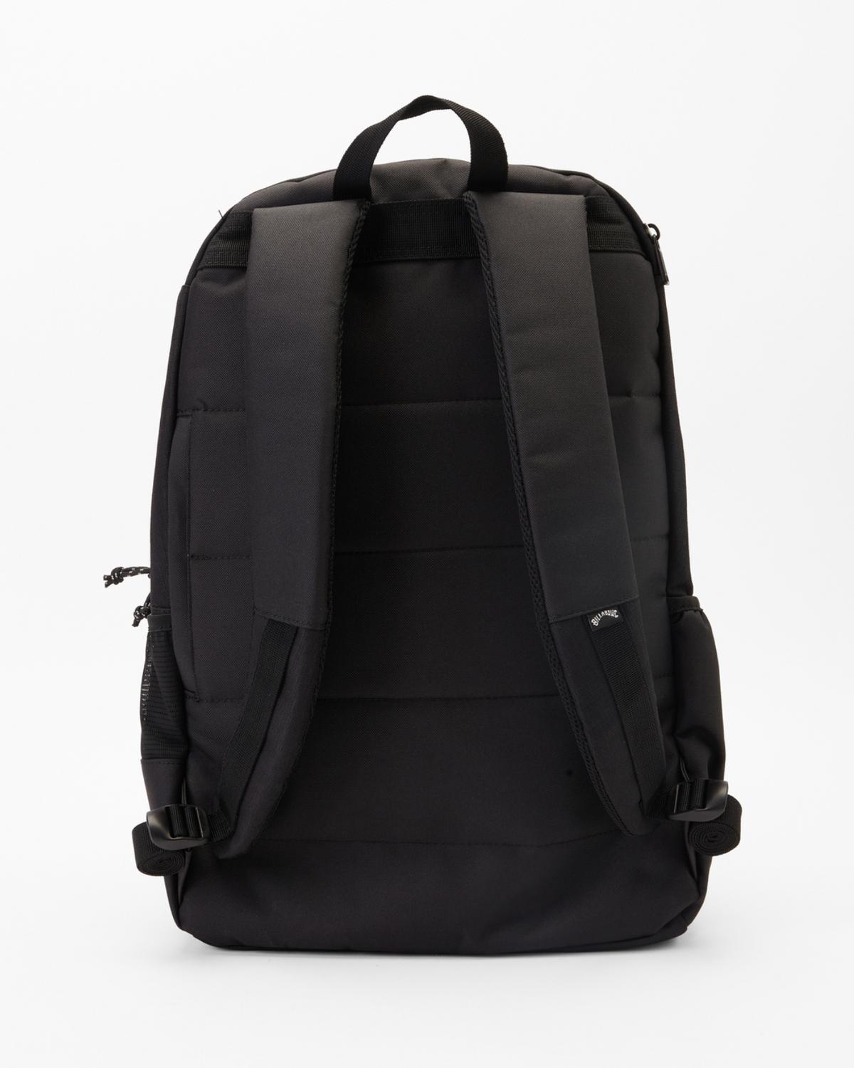 The Billabong Command Backpack, made from recycled polyester, is black and features padded shoulder straps, a top handle, and multiple compartments including a laptop section. It contrasts strikingly against a white background.