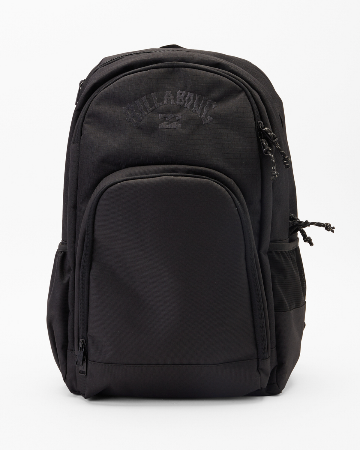 Meet the Billabong Command Backpack: a sleek black bag made from recycled polyester, boasting multiple zippered compartments, side pockets, a laptop compartment, and padded straps. Enhanced with a subtle embroidered logo for both style and functionality.