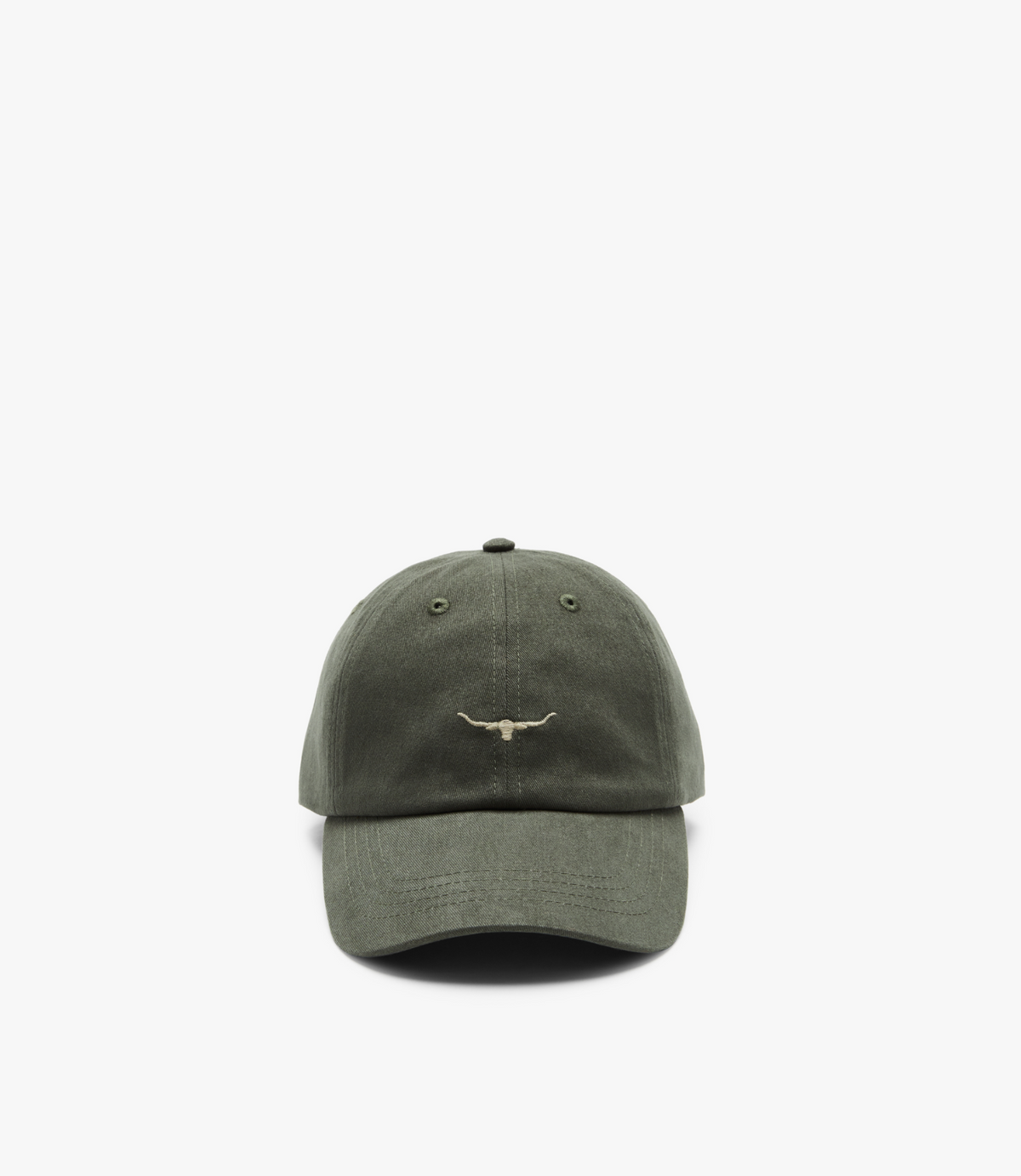 The RM Williams Mini Longhorn Cap is a stylish olive green baseball cap made from durable cotton twill, featuring minimalist white longhorn embroidery. It has an adjustable strap for a perfect fit and provides a plain white background for the embroidered design.