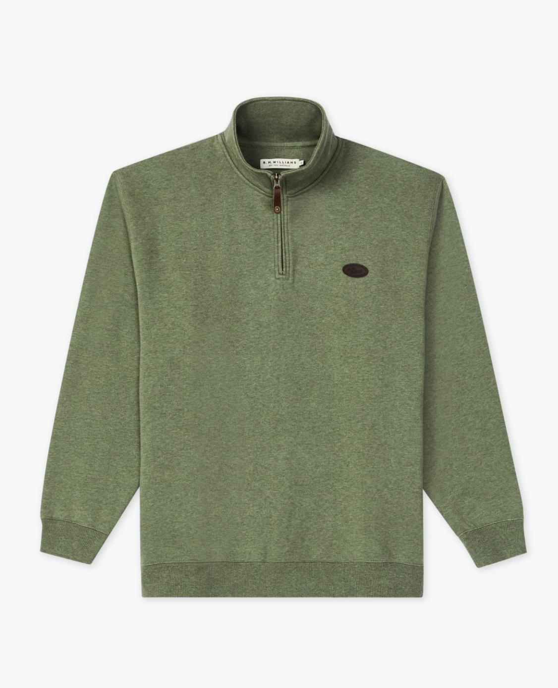 The RM Williams Mulyungarie Fleece is a green quarter-zip sweatshirt with a stand-up collar, long sleeves, a vintage leather patch on the left chest, a brown zipper pull, and soft heathered brushed cotton fleece.