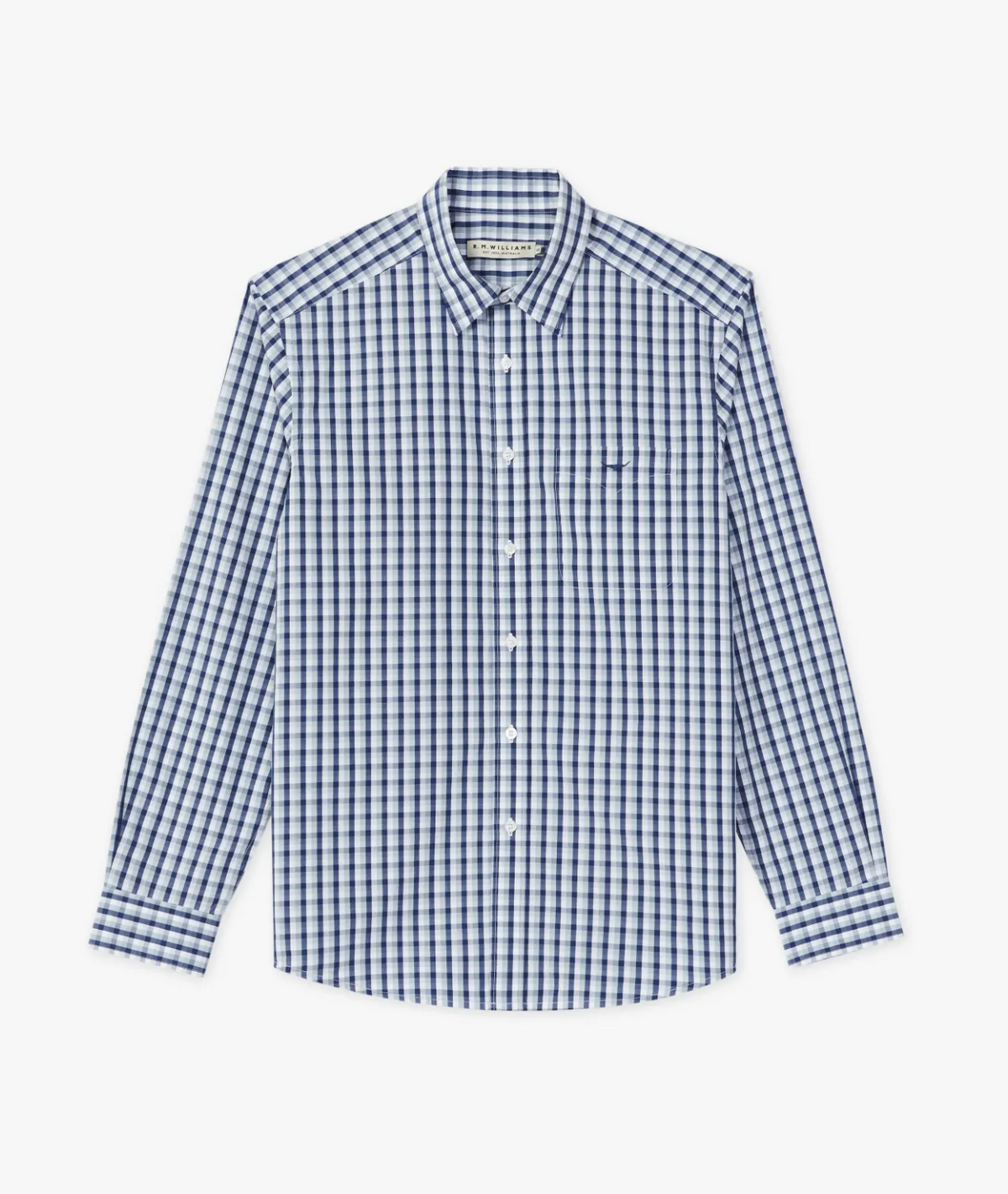The RM Williams Collins Shirt is a long-sleeve, button-up made from cotton poplin with a blue and white checkered pattern and a left chest front pocket.