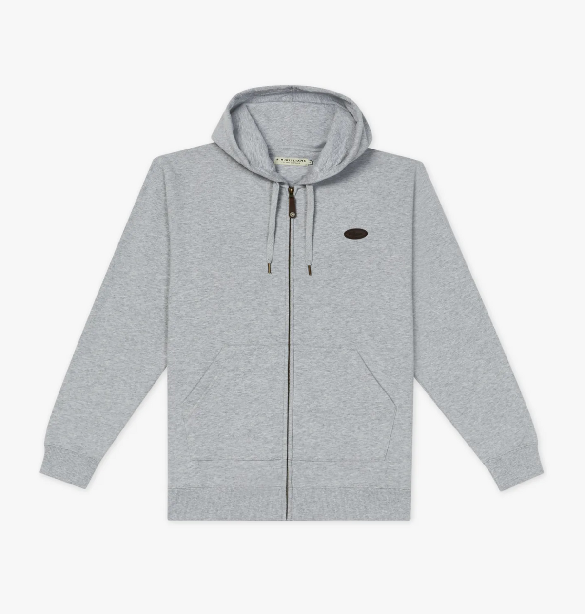 The RM Williams McKinlay Hooded Sweatshirt is a gray cotton blend with front kangaroo pockets, drawstring hood, and a small oval chest patch. Background is white.