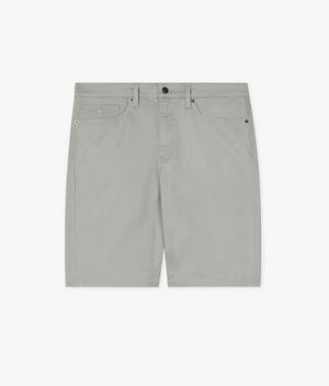 The RM Williams Nicholson Short, shown on a white background, is crafted from light gray stretch denim. It boasts a classic design with belt loops, button closure, knee-length cut, 5-pocket styling, and visible stitching for a timeless appearance.