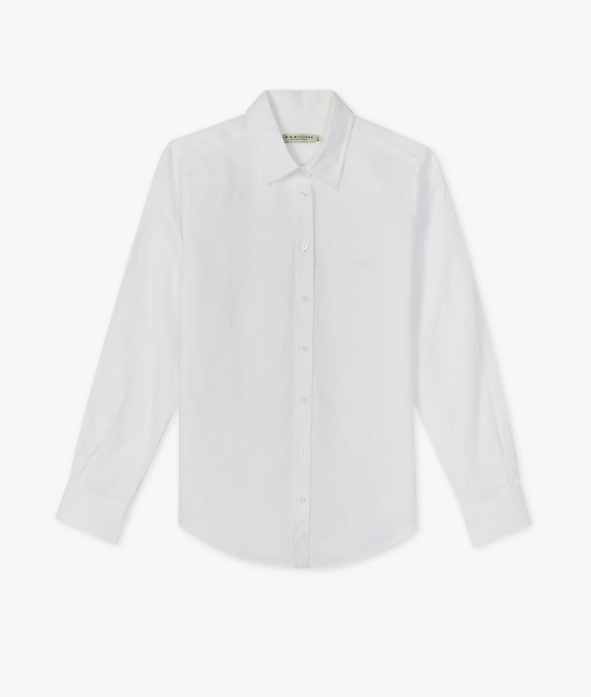 The RM Williams Rachel Shirt is a long-sleeve, white linen button-down with a classic collar, laid flat on a white background—ideal for any capsule wardrobe.