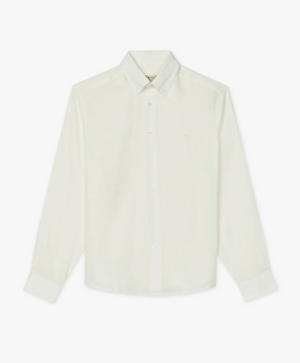 The RM Williams Coalcliff Shirt is a plain, long-sleeved off-white linen shirt with buttoned cuffs and collar, laid flat on a white background. Features subtle Longhorn embroidery for a distinctive touch.