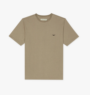 The RM Williams Parson T-Shirt is a plain khaki, breathable cotton tee with a small black bird logo on the left chest, displayed flat on a white background.