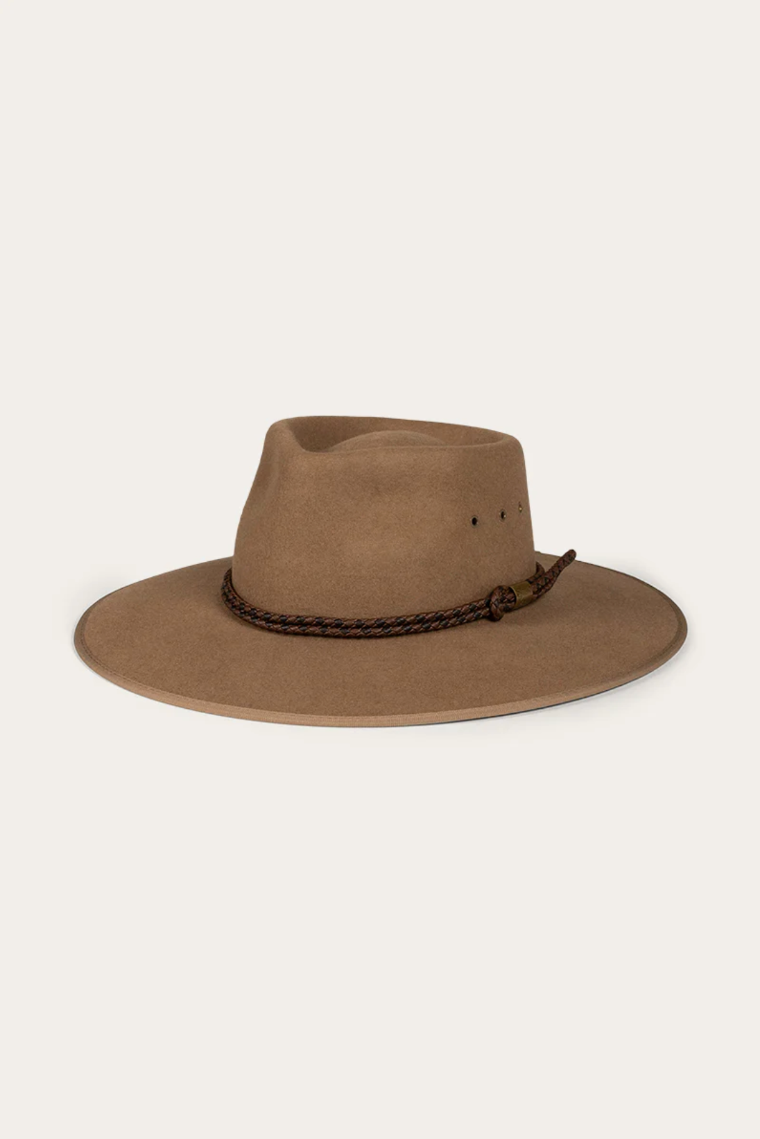 The Ringers Western Minamurra Hat features premium felt, a wide brim, and a braided dark brown band. It includes side ventilation eyelets and a structured crown, beautifully showcased against a plain light background.