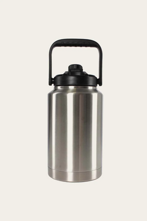 The Ringers Western Big Gulp Stainless Steel Insulated Jug with a double wall, black plastic handle, and lid stands upright against a plain off-white background.