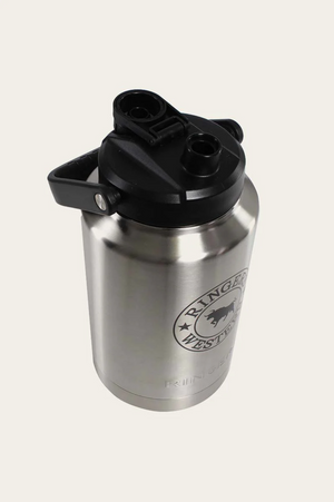 The Ringers Western Big Gulp Stainless Steel Insulated jug features double wall construction, a black plastic lid and handle, plus the "Rinser" logo and a bison graphic on the front.