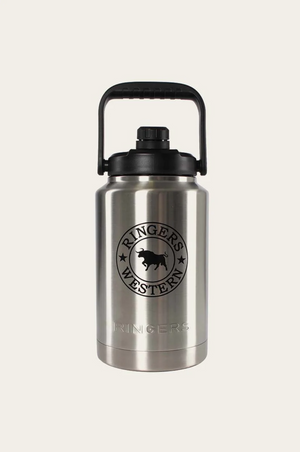 The Ringers Western Big Gulp Stainless Steel Insulated bottle features a black handle and lid, plus the brand logo with a bull graphic on the front.