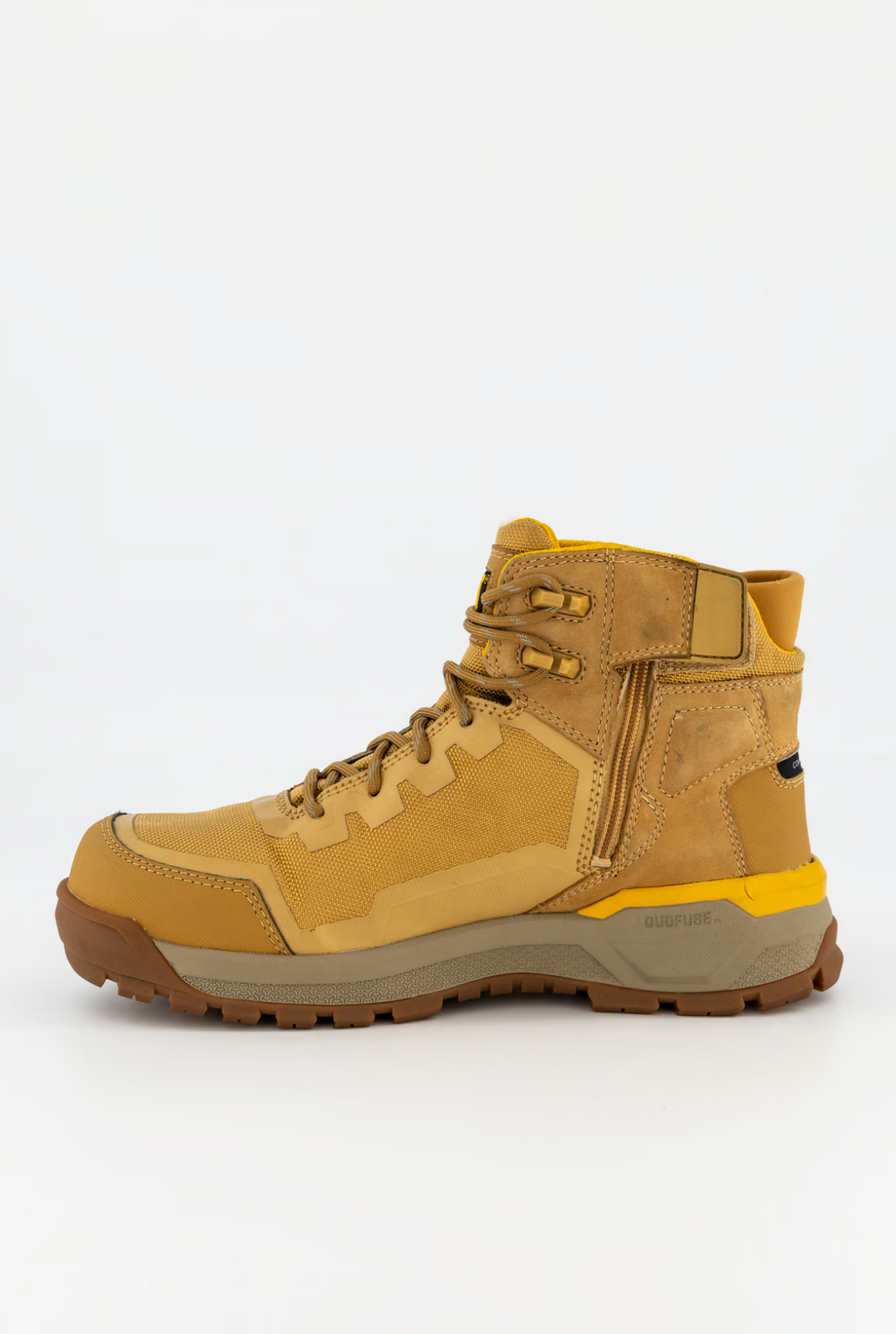 The CAT Propulsion CT Zip Work Boot is a tan hiking boot with a lace-up front and side zipper. It features a sturdy treaded sole, slip-resistant design, leather and mesh materials, composite toe, rubber toe cap, padded ankle support, and comfort footbed—perfect for outdoor adventures.