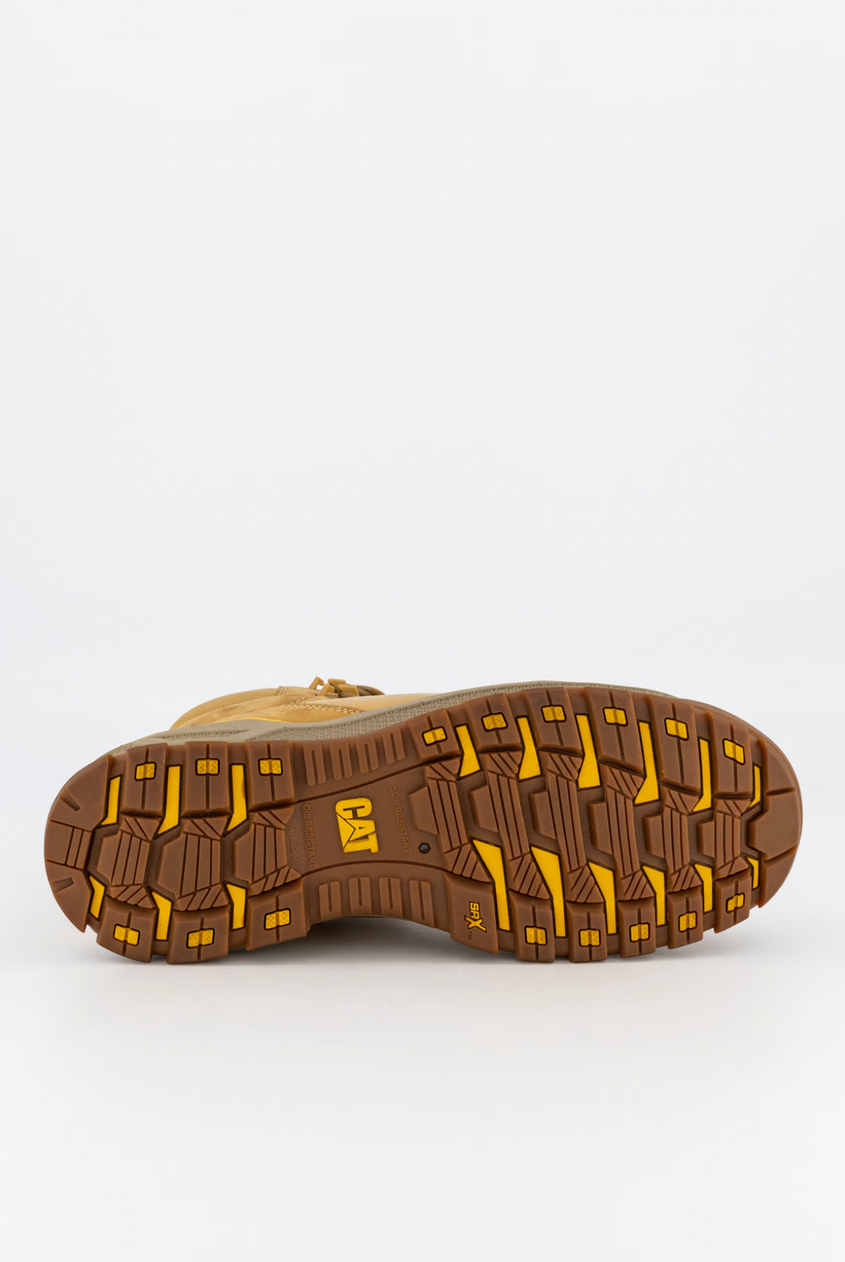 The CAT Propulsion CT Zip Work Boot's sole, featuring a rugged brown and yellow tread with slip-resistant grooves and indents for superior traction, is shown against a white background. This tan boot ensures safety on diverse terrains.