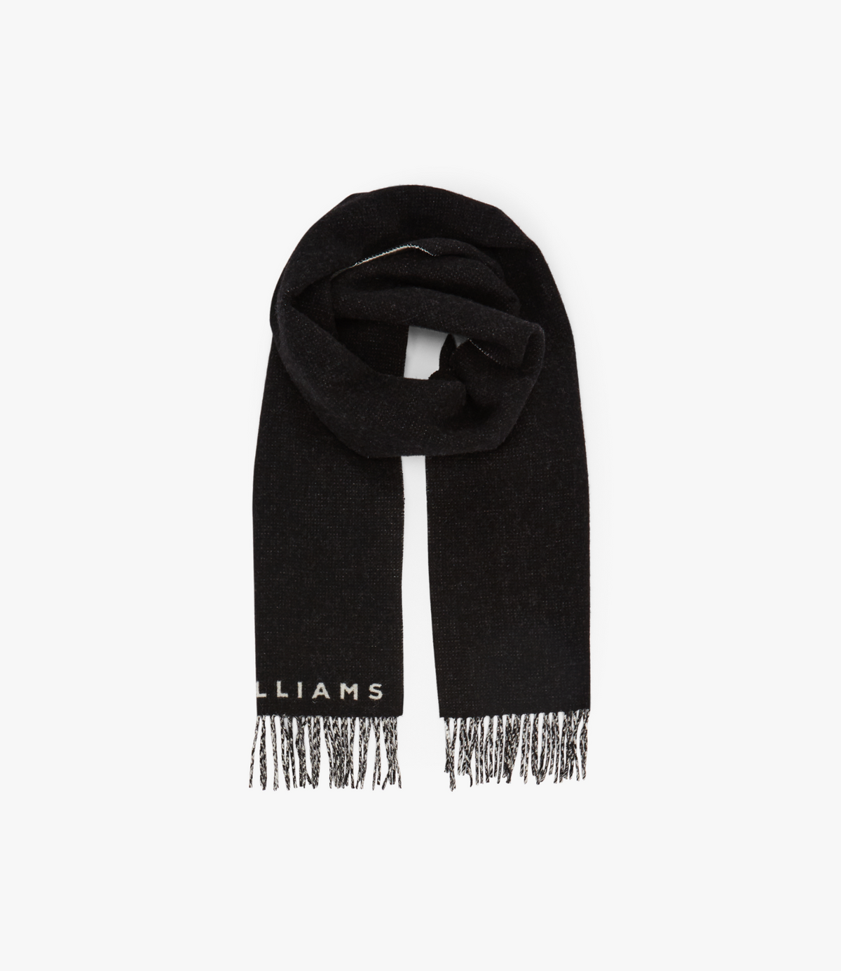 Black RM Williams Logo Scarf with tassel trim features the text "LIAMS" in white at one end, elegantly presented against a plain white background.