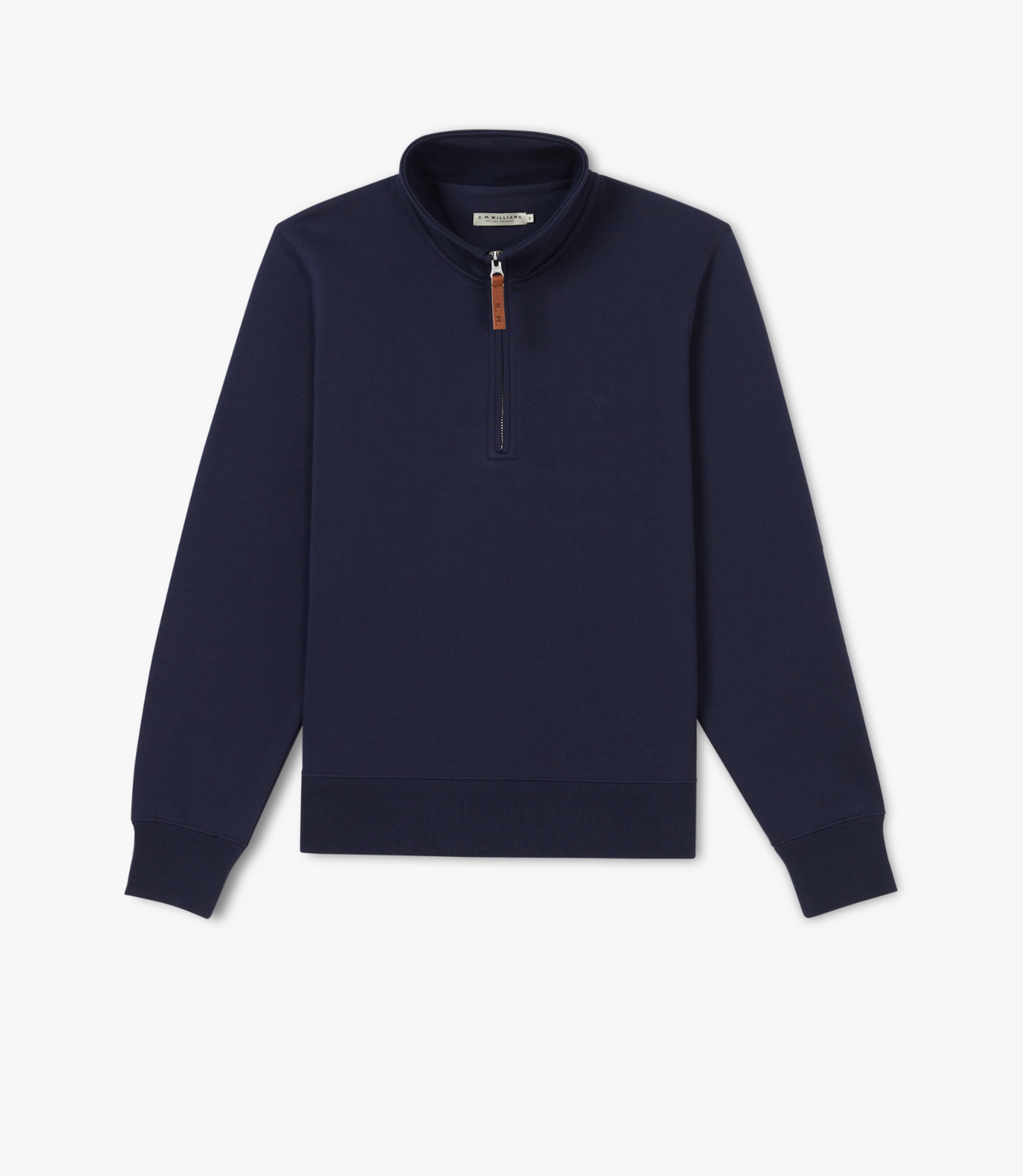 The RM Williams Trickett Zip Neck Sweatshirt features a navy blue color, quarter-zip front, stand-up collar, ribbed cuffs and hem, soft brushed fleece fabric, and a small leather zipper pull.