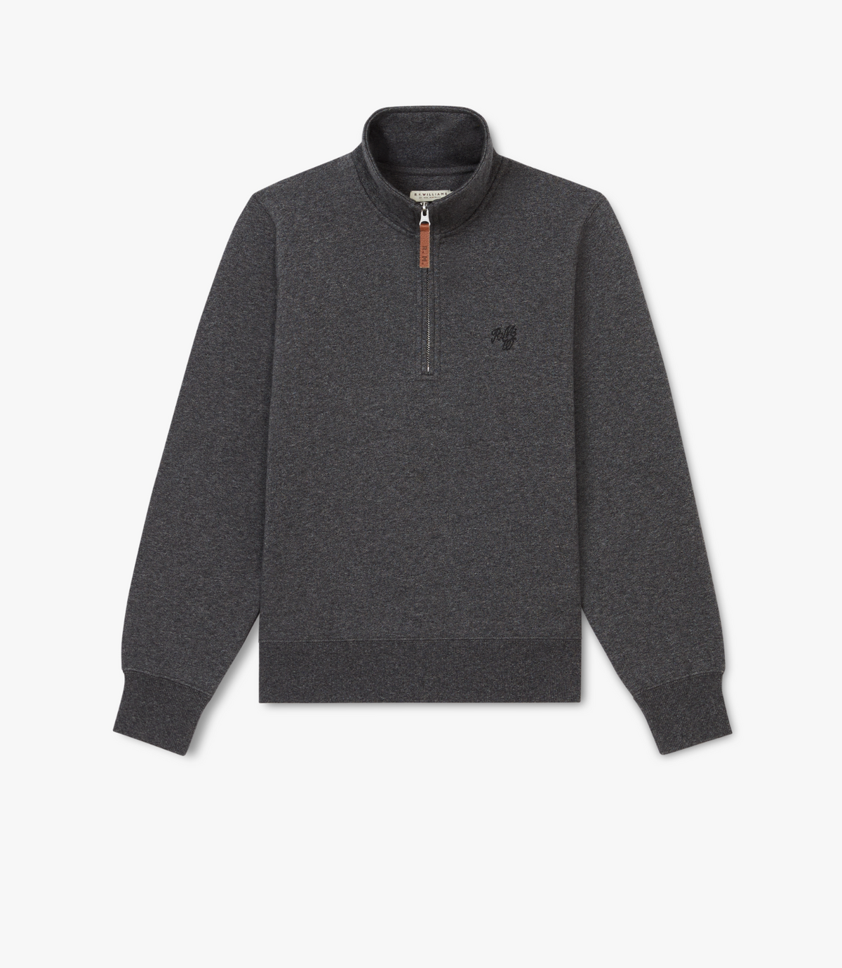 The RM Williams Trickett Zip Neck Sweatshirt is dark gray with a stand-up collar, ribbed cuffs and hem, a small longhorn logo on the left chest, and a brown leather zipper pull tab. Shown laid flat on a white background.