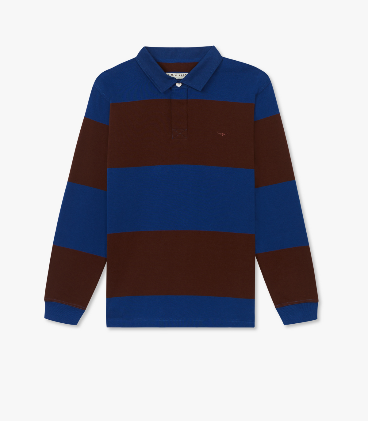 The RM Williams Tweedale Rugby is a long-sleeved polo shirt with bold blue and brown stripes, crafted from soft jersey knit. It features a classic collar and subtle Longhorn embroidery on the chest.
