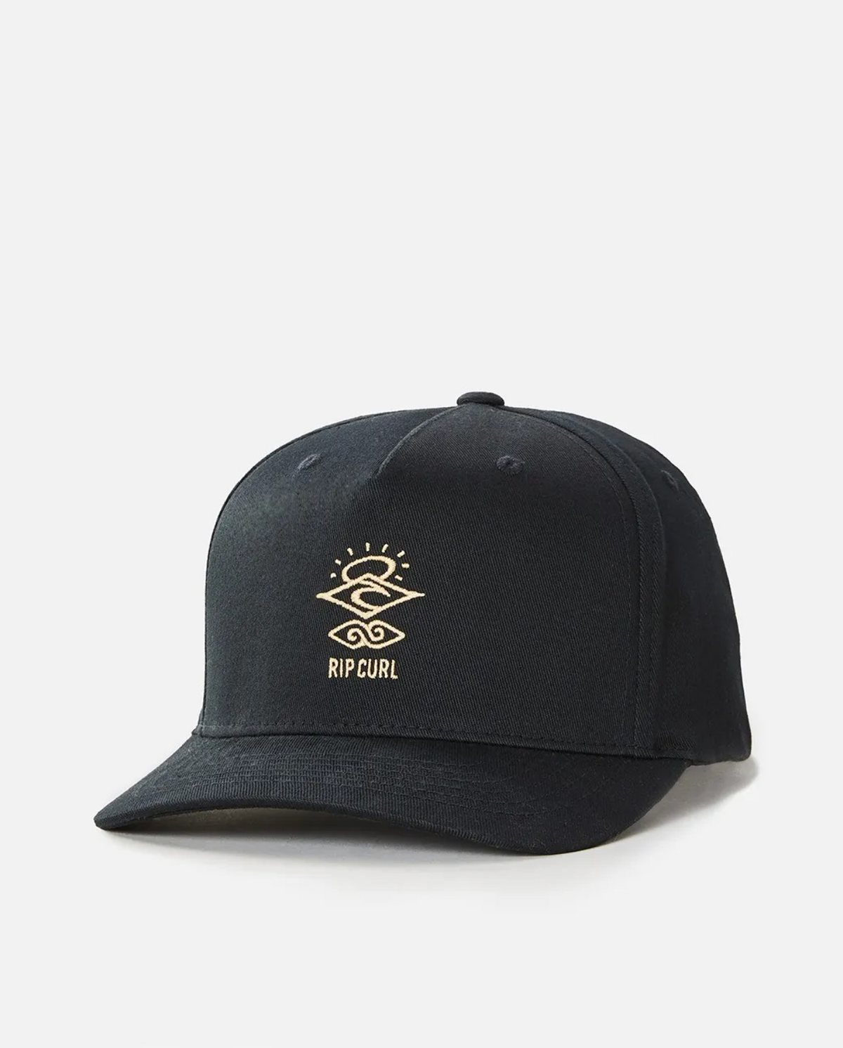 The Rip Curl Icons Eco Flexfit Cap is a black cap made from organic cotton, featuring the beige "Rip Curl Icons" logo with a stylized wave, eye, and sun. It has a curved brim and is set against a plain white background.