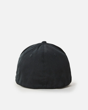 Viewed from the back, the Rip Curl Icons Eco Flexfit Cap, crafted from organic cotton, features a round dome shape with detailed stitching and a button on top, all against a plain white background.