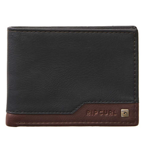 The Rip Curl Ridge PU All Day Wallet is a black and brown leather wallet with a textured finish, featuring "RIP CURL" embossed in the bottom right corner and a metal logo accent. It’s made of durable polyurethane with a simple bifold design ideal for daily use.