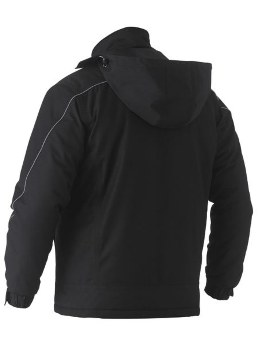 Viewed from the back, the Bisley Heavy Duty Dobby Jacket in black features a hood and subtle reflective piping along the shoulders and sleeves. This waterproof jacket offers elastic cuffs and a quilted lining for added warmth.