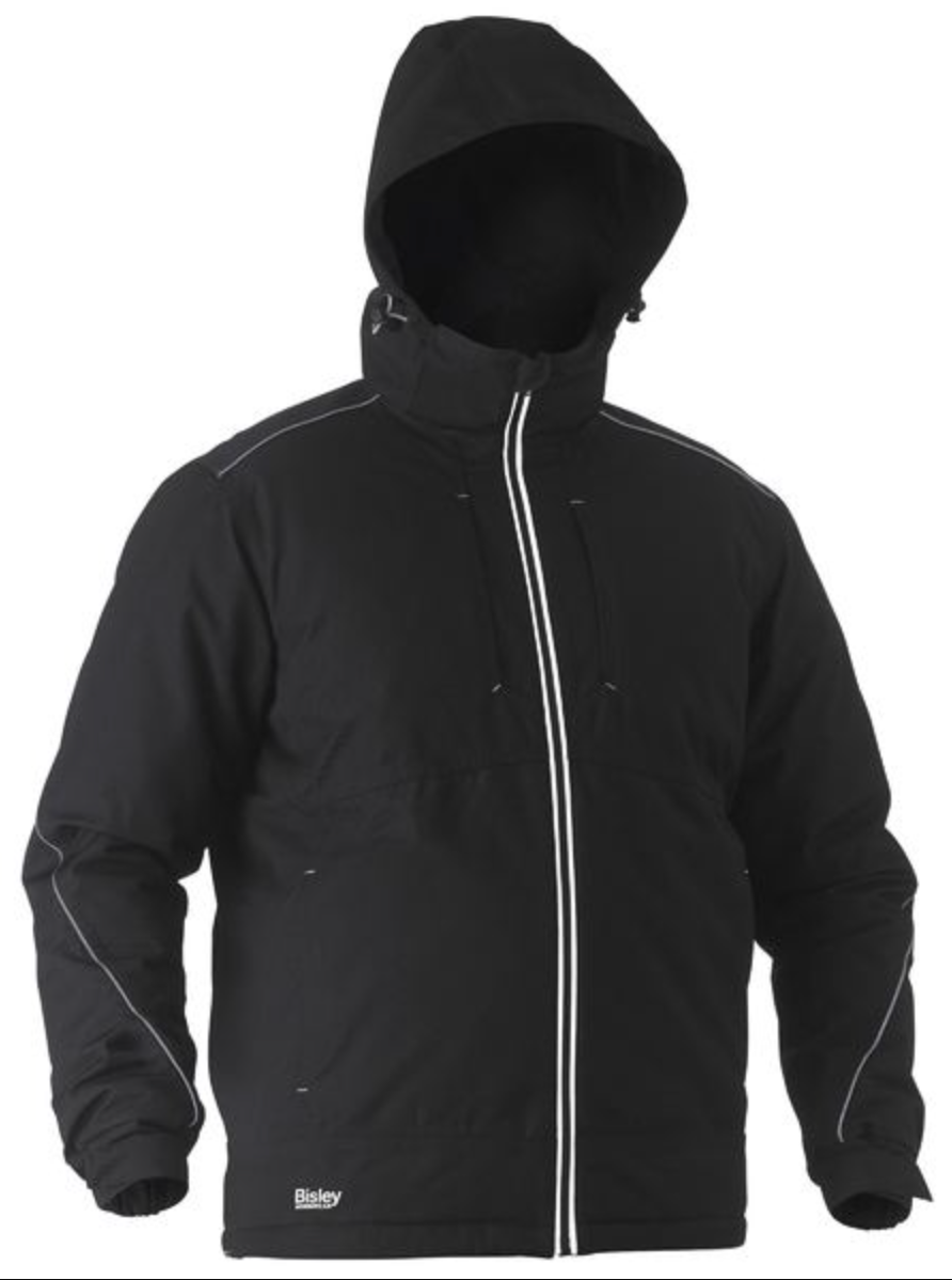 The Bisley Heavy Duty Dobby Jacket, with a black hood and white piping along the zipper and seams, offers a bold contrast. This waterproof jacket has a high collar, features the Bisley logo on the front left near the hem, and provides thick warmth for both style and functionality in bad weather.