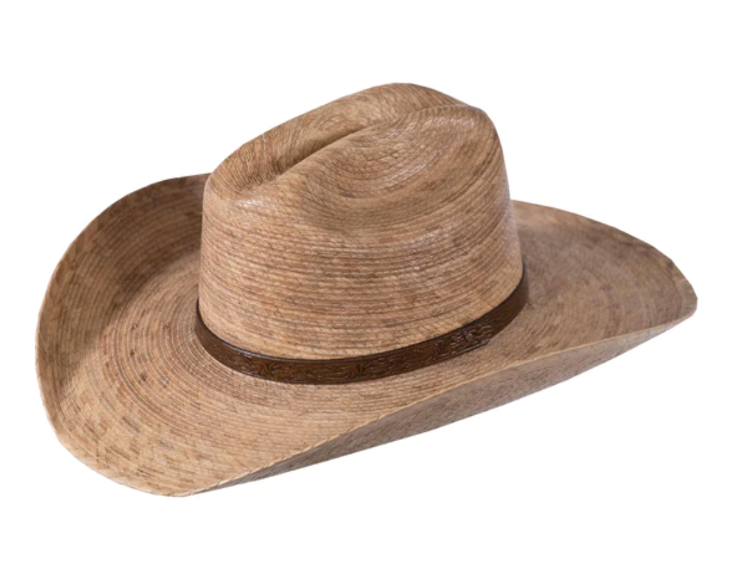 The Outback Red River Straw Hat, tan in color, features a wide brim and a dark brown decorative band around the crown. With UPF40 sun protection, this stylish and functional hat is isolated on a white background.
