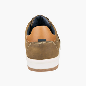 A rear view of the Florsheim Crossover Lace Sneaker showcases a brown leather upper, slip-resistant white rubber sole, tan heel tab, black heel loop, and visible stitching details on a plain white background.