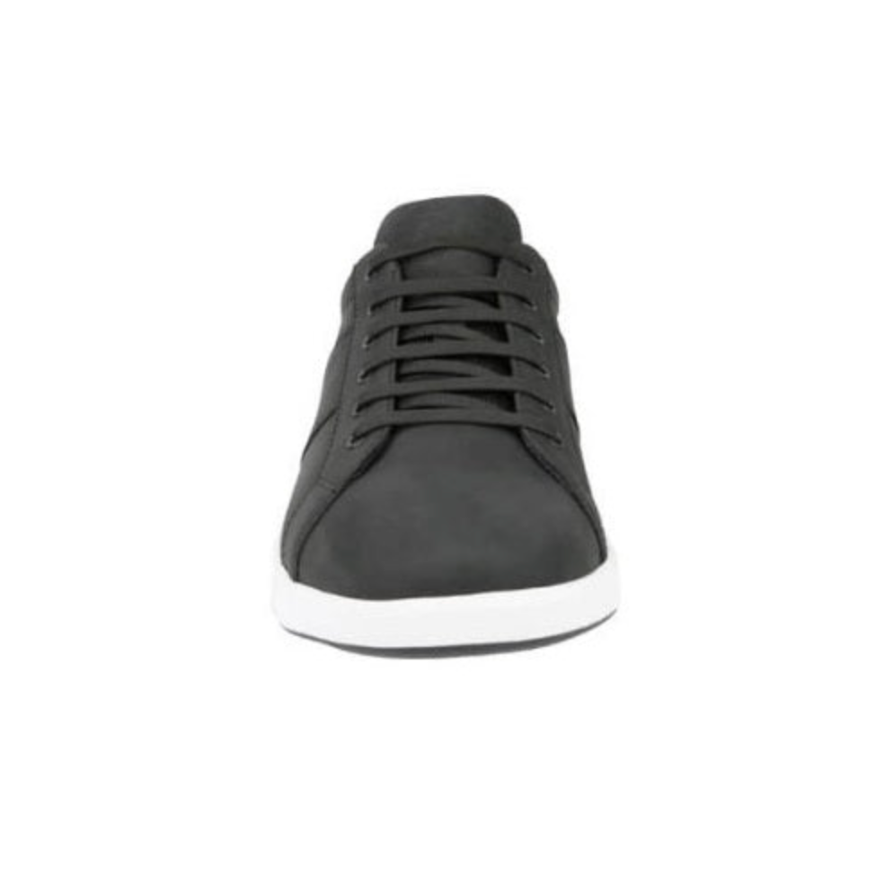 Front view of the Florsheim Crossover Lace Sneaker in black leather, featuring a simple design with black laces, a smooth upper, white sole, and slip-resistant base for stability.