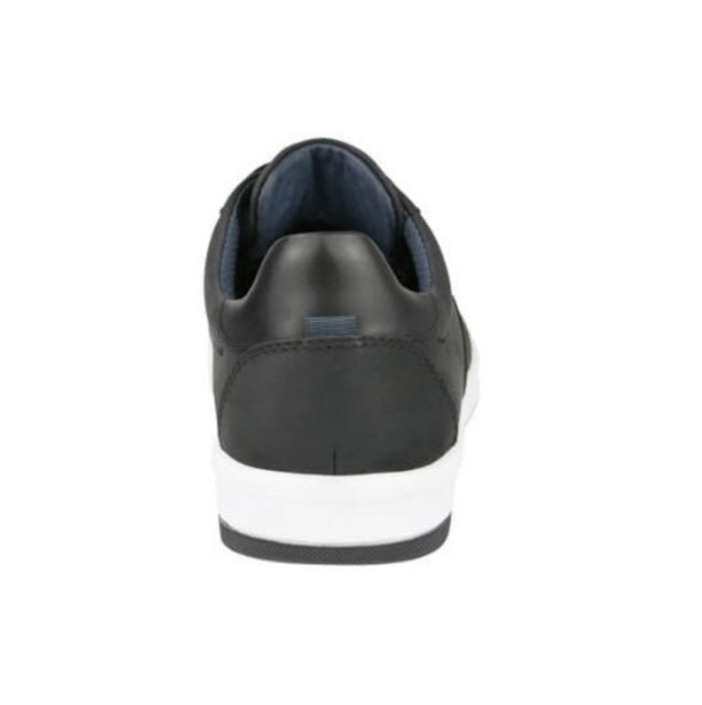 Rear view of the Florsheim Crossover Lace Sneaker in black leather, showcasing a cushioned footbed, white rubber sole, and dark slip-resistant outsole.