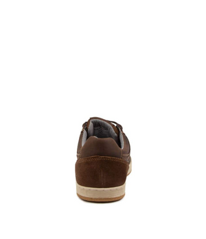 Rear view of the Colorado Eiko Leather Sneaker showcasing a brown suede finish, rubber grip outsole, low-cut design, and lightly textured sole against a plain white background.