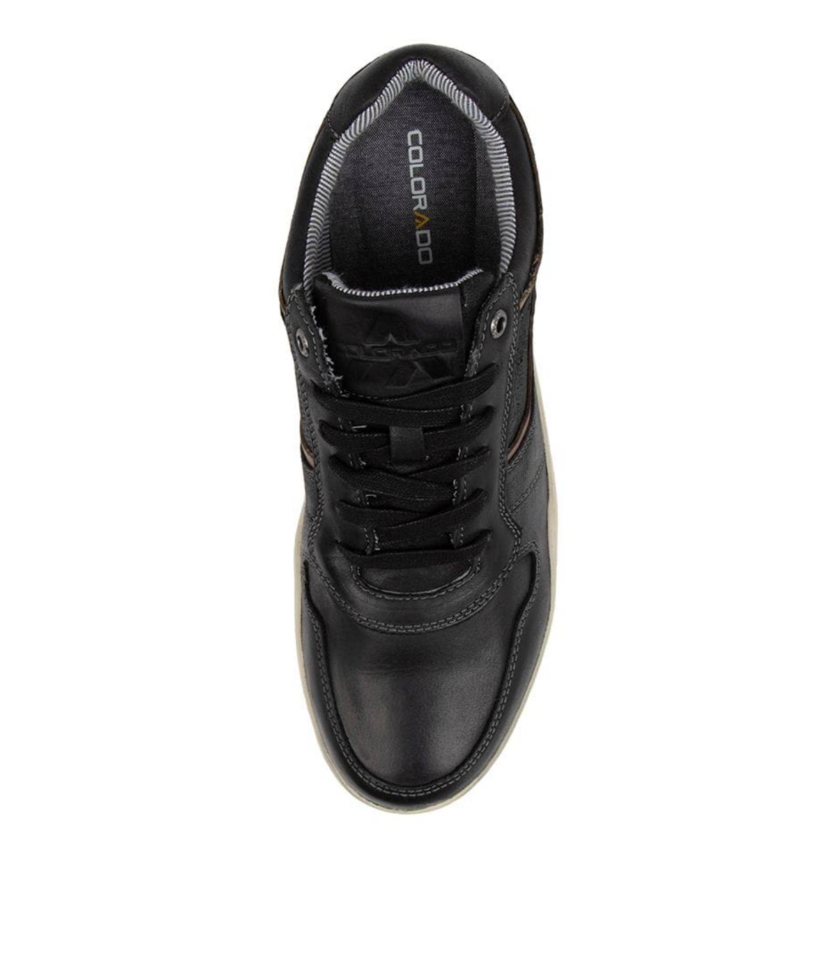 Top view of the Colorado Eiko leather sneaker, featuring a black oiled leather upper, black laces, rubber grip outsole, rounded toe, and subtle stitching. The insole is branded with "COLORADO.