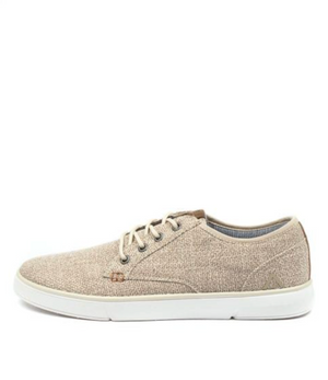 Side view of the Colorado Albatross Canvas Sneaker in beige with a white rubber sole and laces, comfortable memory foam inner sole, subtle stitching, low-top design, and wide fit ideal for casual wear.