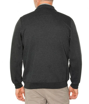 A man is seen from behind in khaki pants and a casual dark gray, long-sleeved sweater, evoking the relaxed comfort of the Breakaway Zed Snowy Mt Fleece Full Zip.