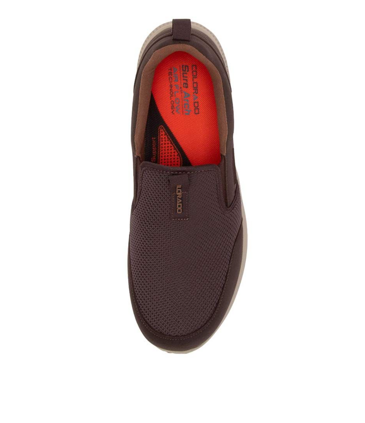 Top view of the Colorado Saka Casual Shoe in brown, featuring a textured mesh upper. It has a red insole with visible brand logos, great arch support, an elastic gusset on the side, and a contrasting sole.