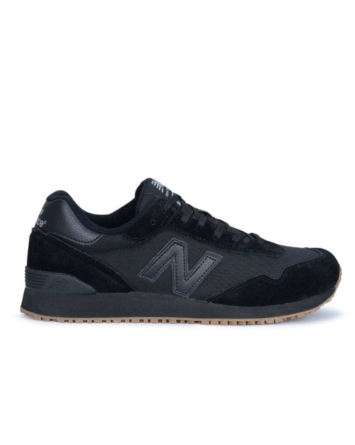 A side view of the New Balance 515 SR Shoe, showcasing its black suede and mesh upper. The sneaker features the iconic "N" logo in dark gray on the side, a lace-up design, a lightweight EVA midsole, and a tan heat and slip-resistant rubber outsole with a textured grip pattern.