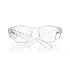 SafeStyle Cruisers Clear Frame Clear Lens glasses have a wraparound design and transparent lenses for UV protection, featuring branding on the temples. Viewed from the front with crossed arms, they meet essential safety ratings for peace of mind.