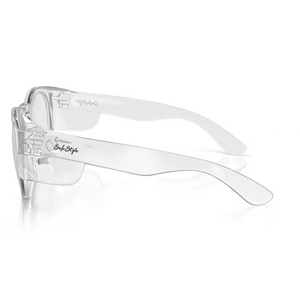 Clear rectangular eyeglass frames, side view, display the "StylestyLe" logo on the temple and offer UV protection. Product: SafeStyle Cruisers Clear Frame Clear Lens.