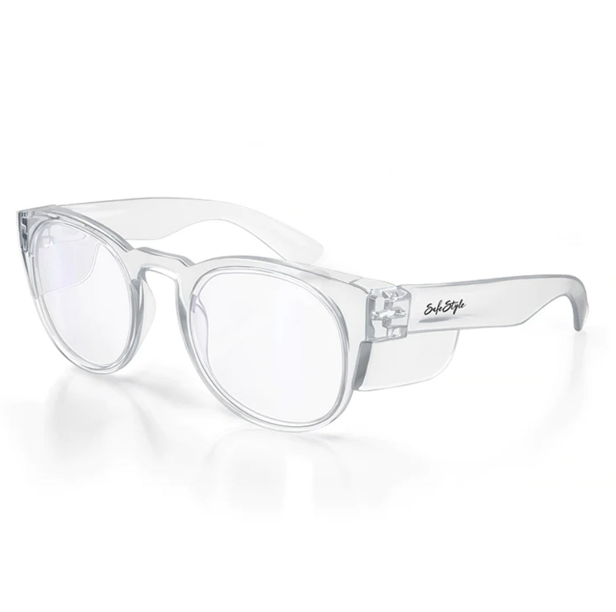 The SafeStyle Cruisers offer clear safety glasses with a wraparound design and enhanced UV protection, featuring a subtle logo on the temple. With strong safety ratings, they provide both style and security.