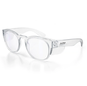 The SafeStyle Cruisers offer clear safety glasses with a wraparound design and enhanced UV protection, featuring a subtle logo on the temple. With strong safety ratings, they provide both style and security.