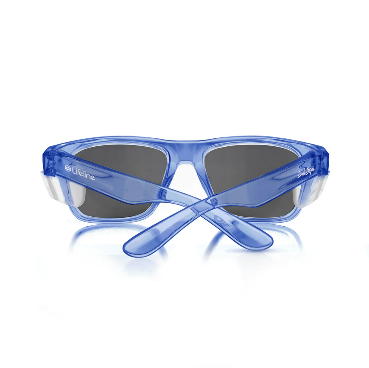 SafeStyle Fusions sunglasses feature a blue wraparound frame with polarized dark lenses offering UV protection. The temples display "Lifeline" and "Solar," boasting a sporty, modern style perfect for active lifestyles.