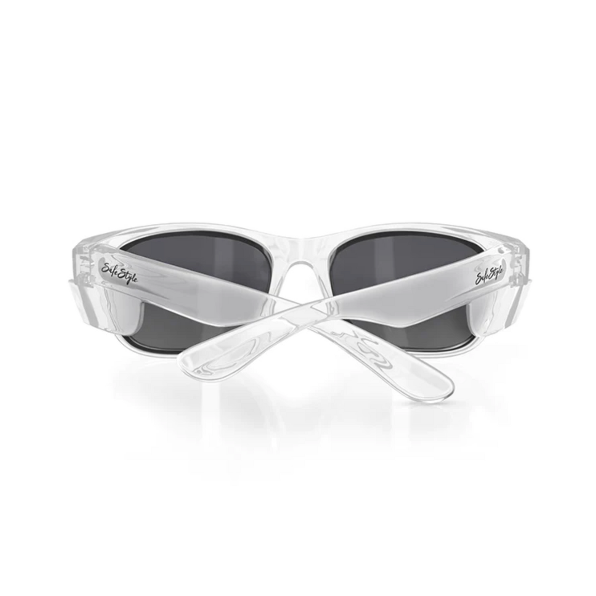 The SafeStyle Classics sunglasses feature clear, slightly angular frames with crossed arms, dark polarised lenses, and "SoloStyle" on the temple, providing stylish UV protection.