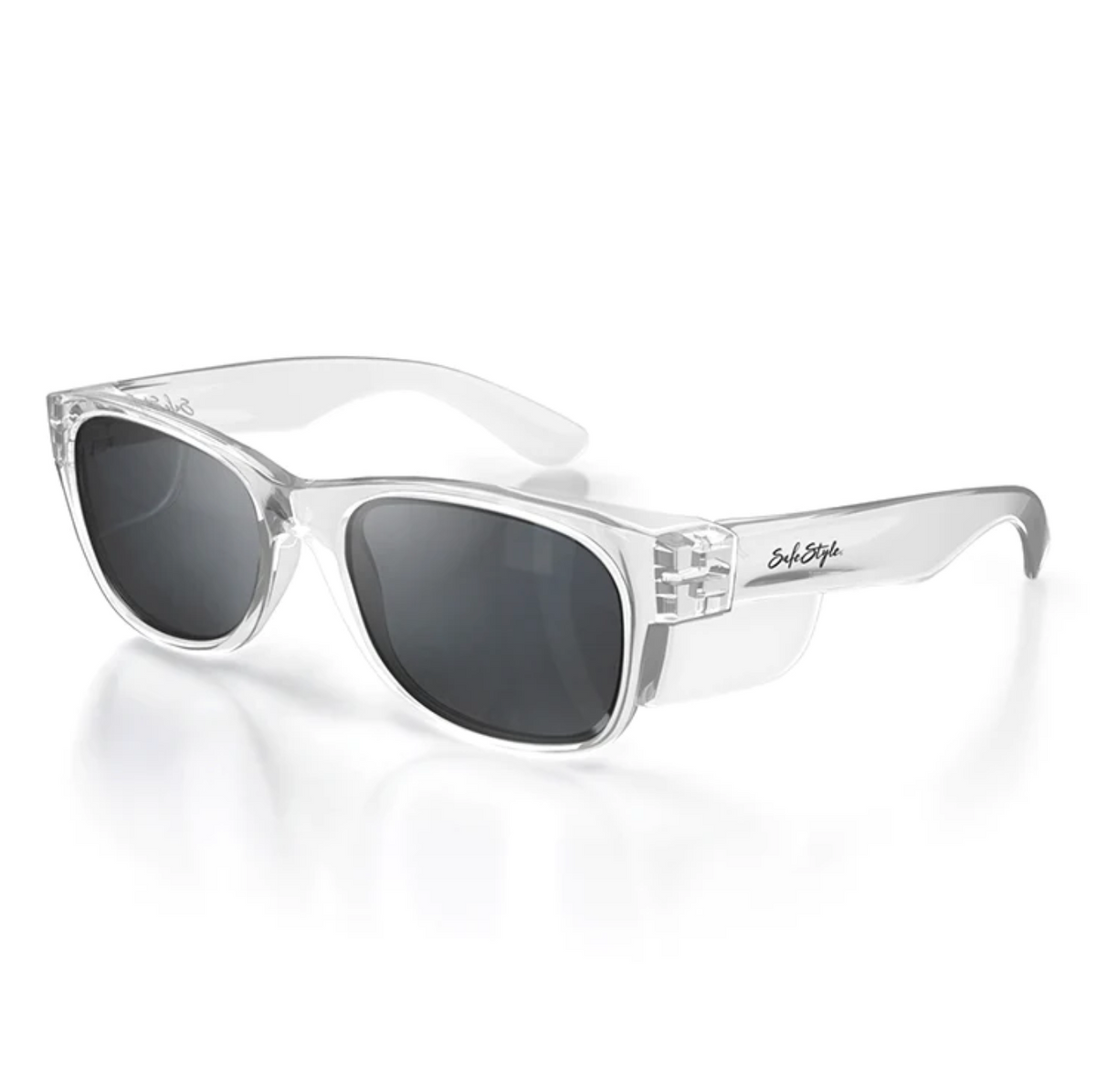 SafeStyle Classics offer clear-framed sunglasses with dark polarized lenses, providing UV protection. The frames feature a subtle checkered pattern on the top corners, and the brand name is displayed on the temple arms.