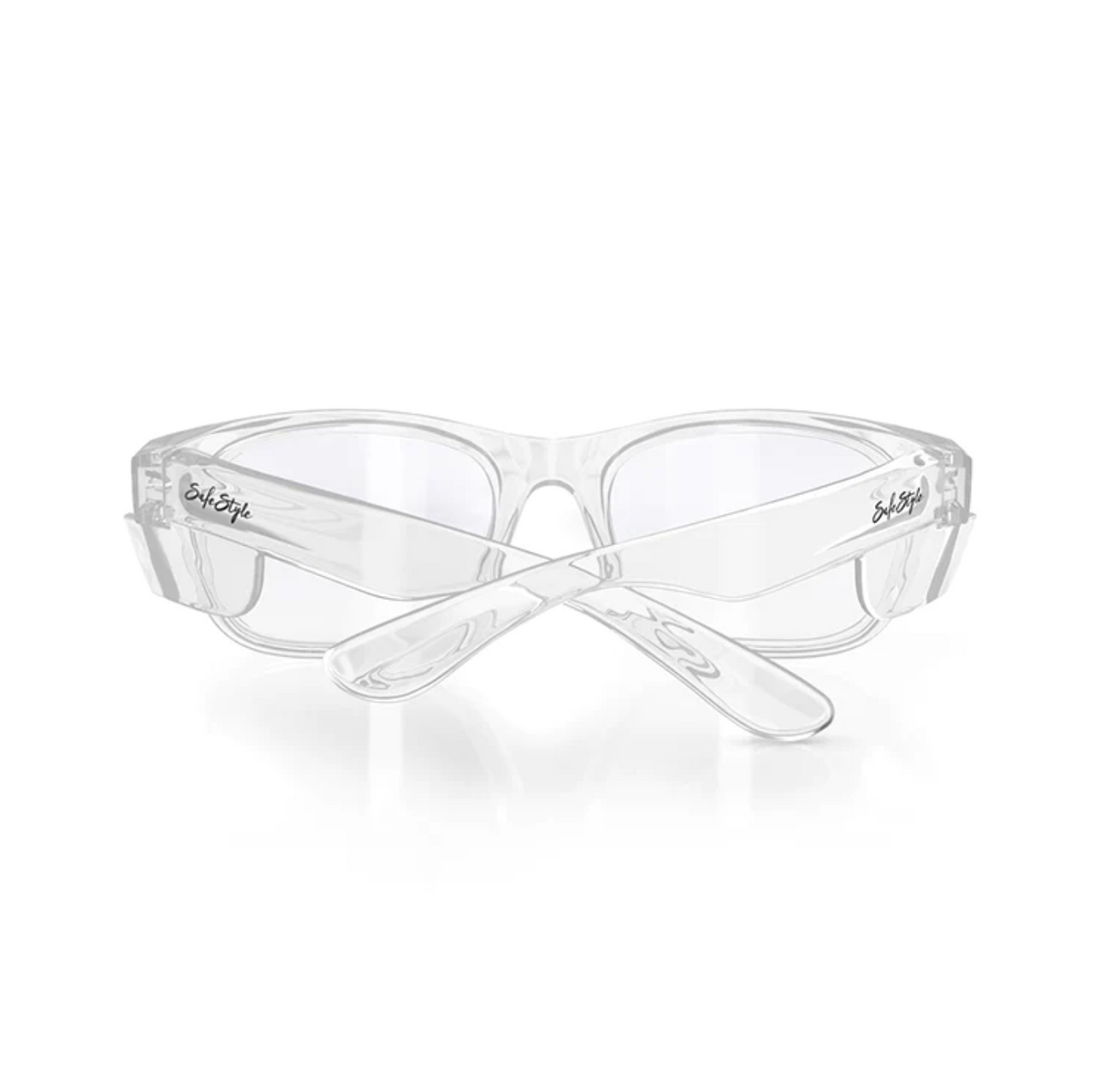 The SafeStyle Classics clear protective safety glasses feature a wraparound design with thick frames and lightly tinted lenses for UV protection. Designed with crossed arms, they're ideal for industrial or lab use and meet high safety standards for reliable eye protection.