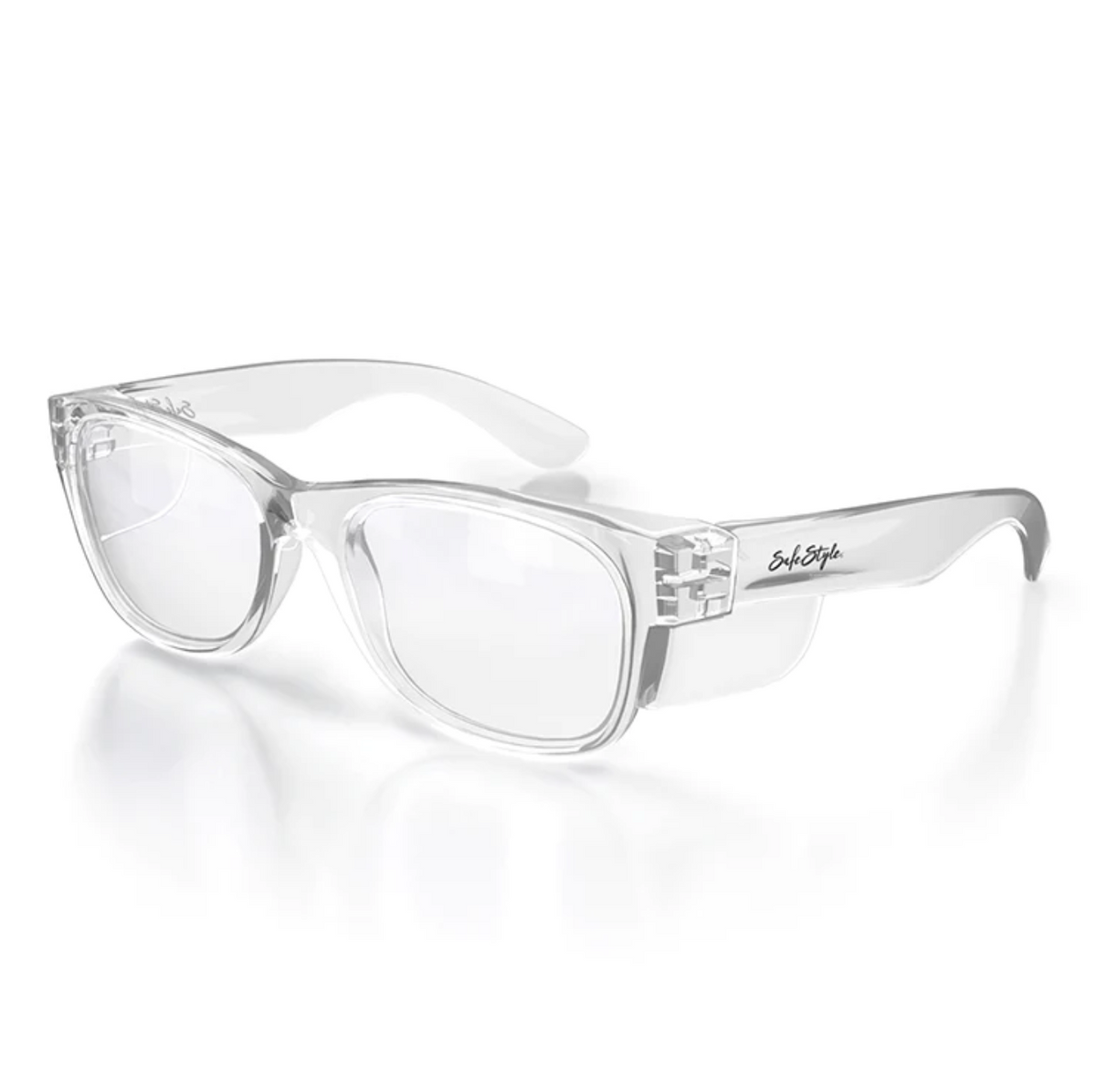 SafeStyle Classics Clear Frame Clear Lens offers clear protective glasses with side shields, subtle branding on the arms, UV protection for enhanced safety, transparent lenses, and a robust thick frame that meets high safety ratings.