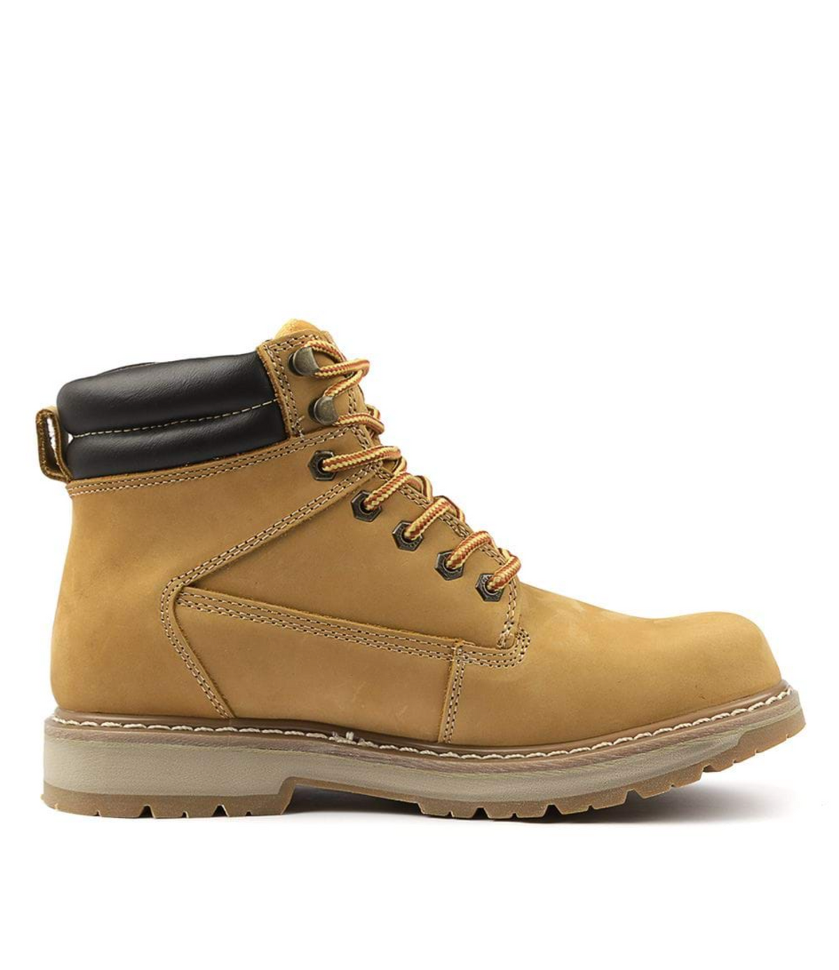 The Colorado Altitude Boot is a tan leather work boot with a rugged sole, black padded ankle support, and a lace-up front. It features stitching details along the sides and sole for a sturdy and durable appearance, while the high-traction grooved outsole ensures better grip.