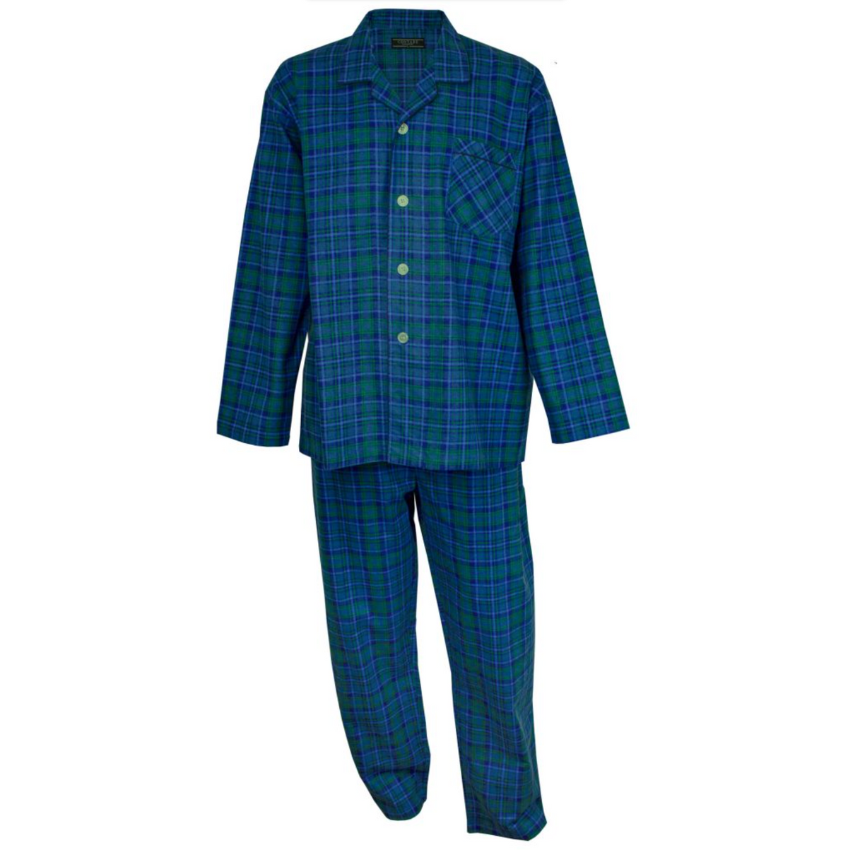 The Contare Country Winter Flannelette PJ Set includes a button-up, long-sleeved top with a single chest pocket and matching pants, all in a blue and green plaid design, crafted from brushed cotton.