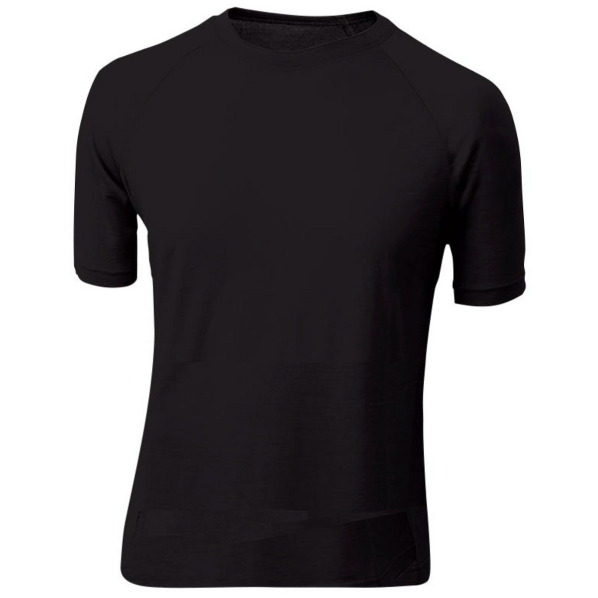 A Sherpa Merino Short Sleeve Thermal Tee, plain black and short-sleeved, is shown on a white background. Made from Merino wool, it features a crew neck and minimalist design with no visible logos or patterns, offering excellent moisture management.