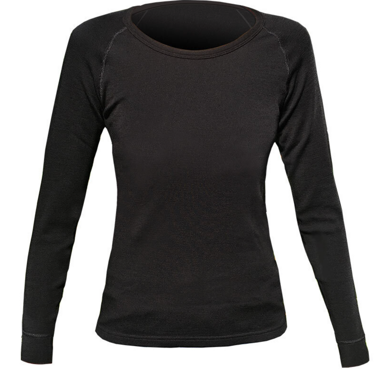 The Sherpa Unisex Merino Wool Scoop Neck L/S Thermal Top is shown from the front on a plain background in black, featuring a simple long-sleeve design with no visible logos or patterns and natural moisture management for comfort.