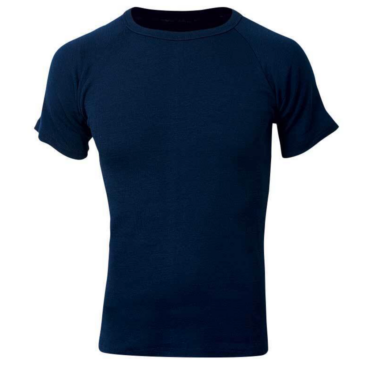 A Sherpa Unisex Polypro Short Sleeve Thermal Top in plain navy blue on a white background features a round neckline, classic design, and moisture management for enhanced comfort.