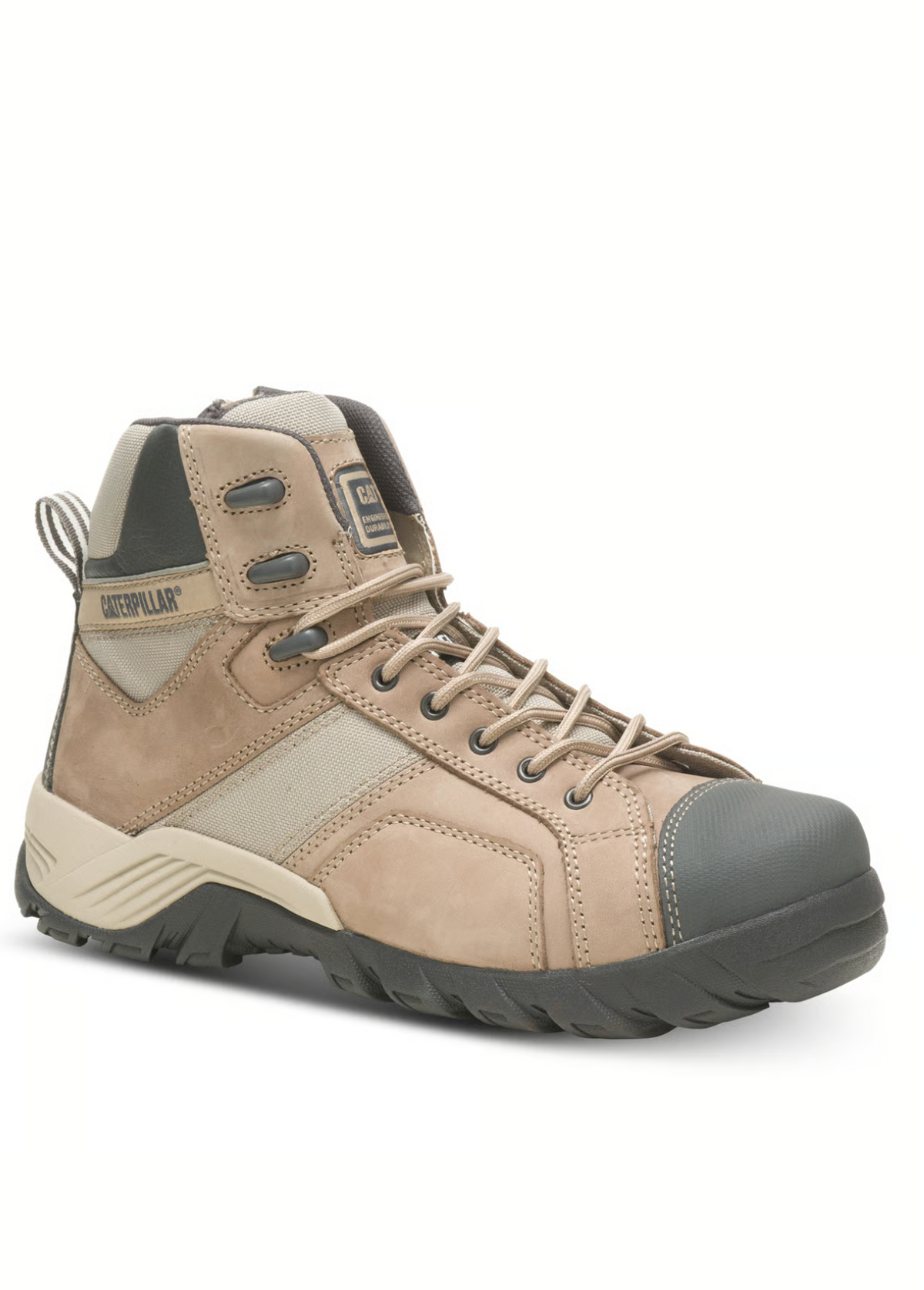 The CAT Argon Hi Side Zip Work Boot, a tan and gray high-top, features a rugged black slip-resistant sole and gray reinforced steel toe. It includes lace-up closure, metal eyelets, a padded collar, and logo patches on the tongue and side for style and protection from electrical hazards.